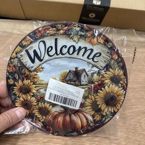Wall Sign Metal Decor Welcome Fall Pumpkin Sunflowers